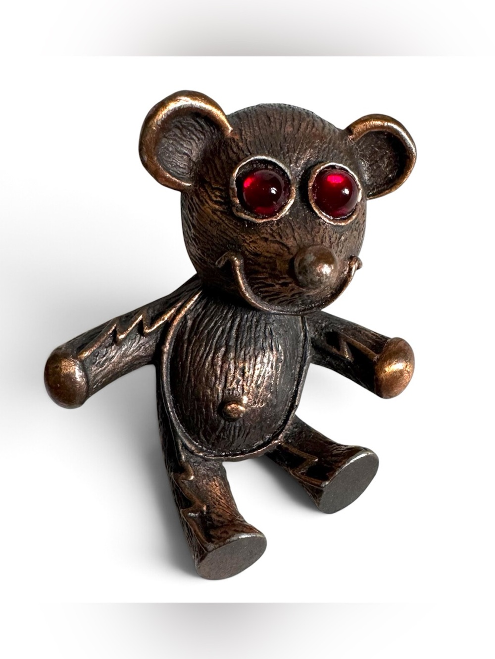 Vtg Copper Tone Teddy Bear Brooch Red Cabochon Eyes Lightning Bolt Kitsch Creepy